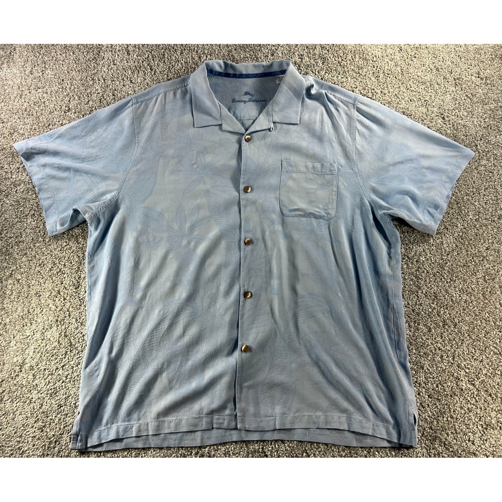 Tommy Bahama Mens XXL Light Blue‎ 100% Silk Tropical Palm Jacquard Camp Shirt